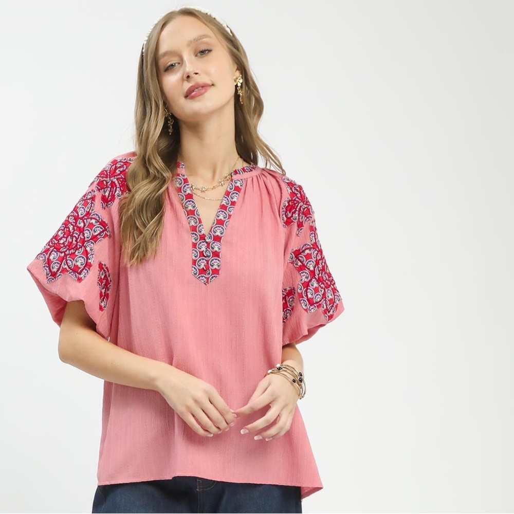 💖Hello Gorgeous! Boho Embroidered Sleeve Contrast Trim V-Neck Top -Pink